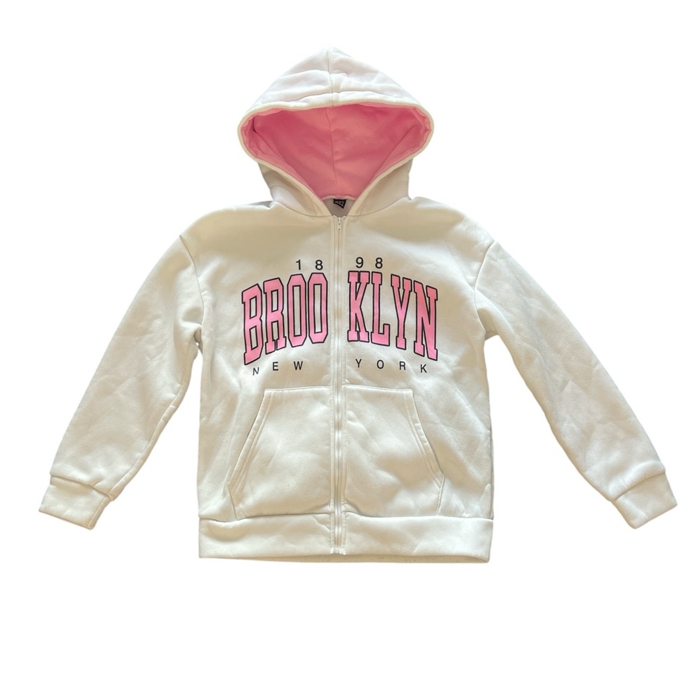 SHEIN White and Pink Collegiate Pullover Hoodie